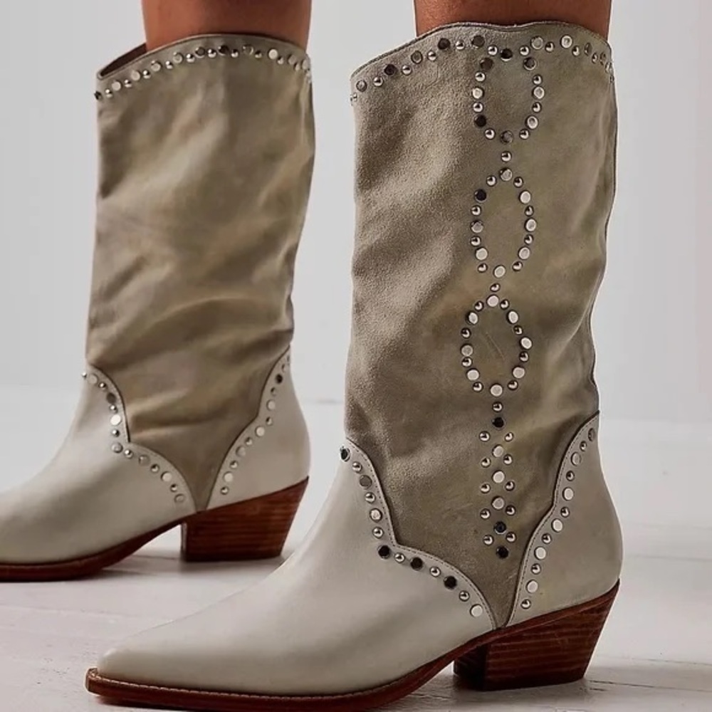 Free People Jaxon Studded western boots leather suede 37 women’s 6.5 New white - Picture 2 of 15
